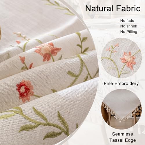Joyfol Day Linen Spring Flowers Tablecloth with Tassels, Rustic Farmhouse Embroidery Waterproof Table Cloths for Rectangle Tables, Heavy Weight Spill-Proof Table Covers, Pink Florals, 55''x 70'' - color: Pink Florals, size: 70" x 55" (Rectangular)
