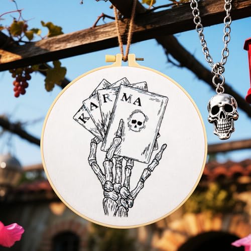 Gothic Tarot Embroidery Kits for Beginners Adults, Halloween Hand Bone Embroidery Starter Kits, Skull Cross Stitch Kits for Beginner Adults Hobbies for Women, Embroidery Fabric, Hoops & Video Tutorial - color: H2024