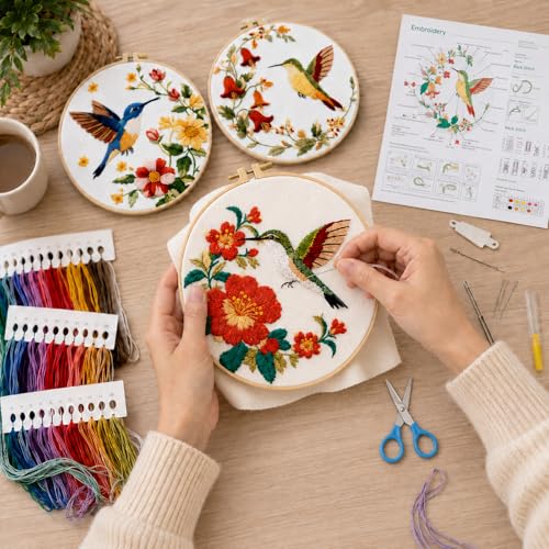 HRTHRT 3 Pack Embroidery Kit for Beginners, Hummingbird Floral DIY Set