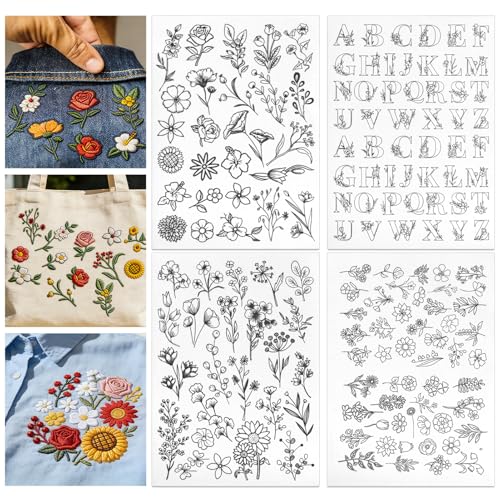 4 Sheets Stick and Stitch Embroidery Patterns, 8.5"x11" Pre-Printed Floral