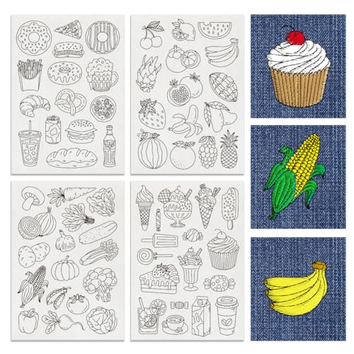 BENECREAT 4Sheets 64Pcs Water Soluble Embroidery, 11.7x8.3inch Food Pattern Transfers Water Soluble Stabilizer for Embroidery Stick and Stitch Embroidery Designs - color: Food