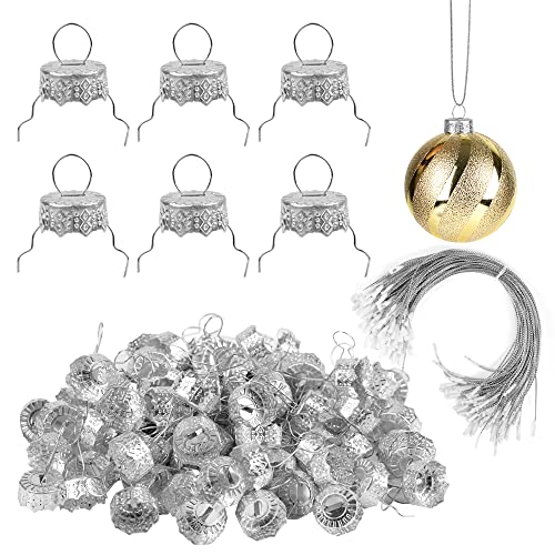 100 Pieces Round Christmas Ornament Caps and Ornament Hangers String Set - color: Silver
