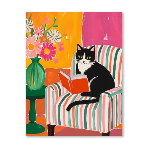 RLTXBUK Cat Cross Stitch Kits, Tuxedo Cat Reading Book Stamped Counted Cross Stitch Kits for Adults, Book Lovers Reader Gifts for Women, Pet Lover Gifts, 11.8x15.8 Inch - color: cat-5