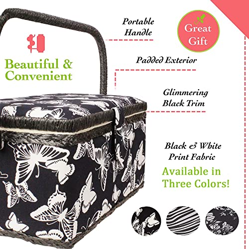 Sewing Basket with Floral Print Design - Sewing Kit Storage Box with Removable Tray, Built-in Pin Cushion and Interior Pocket - by Adolfo Design (Medium - 11" x 7" x 5.5", Butterfly Design) - color: Butterfly Design, size: Medium - 11" x 7" x 5.5"