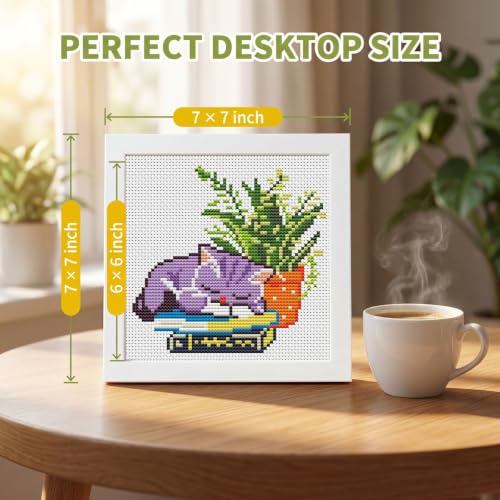 Sleepy Cat Greenery Stamped Cross Stitch Kits for Beginners with Framed - color: DKJ033