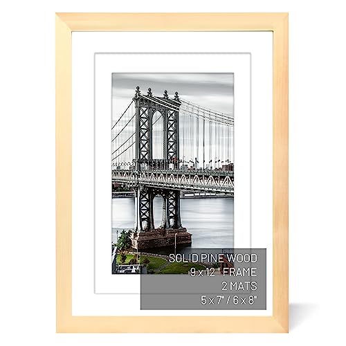 9x12 or 6x8/5x7 Solid Wood Frame with Mat/Matless for Wall Mount or Table Top (Natural) - color: Natural, size: 9x12 inch