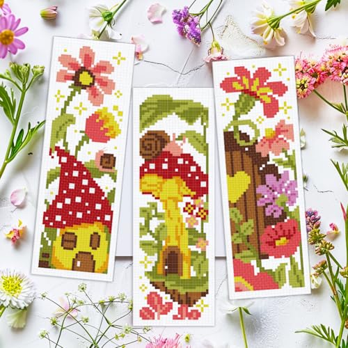 INFUNLY 6pcs Flowers Cross Stitch Bookmark Kits for Adults Mushroom Houses DIY Cross Stitch Kit with Instructions Pre-Printed Birds Tree Stake Stamped Embroidery Bookmark Kit for Book Readers Gift - style: Flower Mushrooms