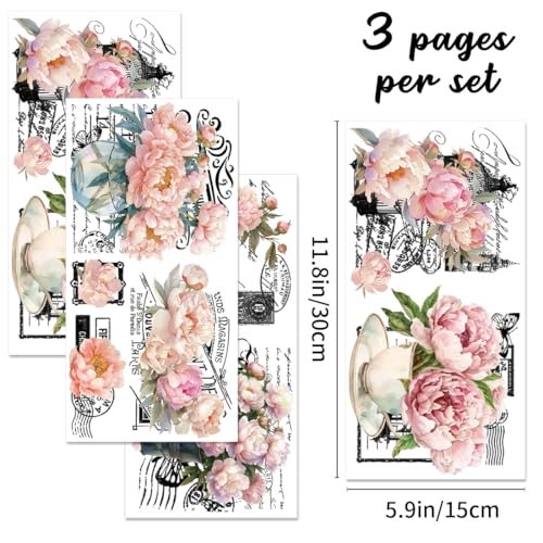 3 Sheet Peonies Flowers Rub on Transfers for DIY Crafts Vintage Florals Furniture Decal Retro Pink French Market Peonies Transfer Stickers for Wood DIY Paper Home Decor 11.8”* 5.9” - style: Peony Flower - Retro French Style