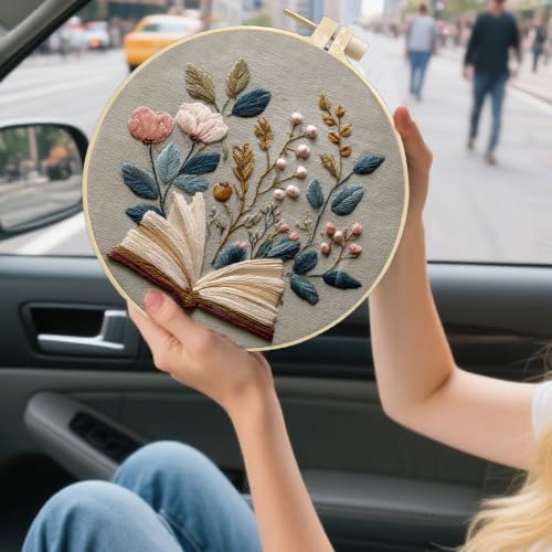 FONNUY Embroidery Kit for Beginners, Flower Book Pre-Stamped Pattern Kits for Adults with Hoop, Cross Stitch Easy to Follow Color Thread Needlework, 8'' Hoop (Brown) - color: Brown
