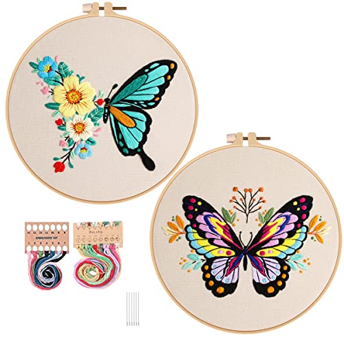 Konrisa Embroidery Kits with Butterfly Flower Pattern, Stamped Embroidery Starter Kit for Beginners Adults Needlepoint Kits Include Embroidery Fabric Embroidery Hoop Threads and Needles,Set of 2 - color: Butterfly02