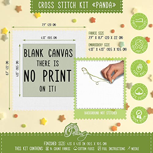 Povitrulya Counted Cross Stitch Kit with Pattern 'Panda' - Easy DIY Set for Hand Embroydery with Paper Pattern, 14 Count Blank Aida Canvas and Pre-Sorted Floss