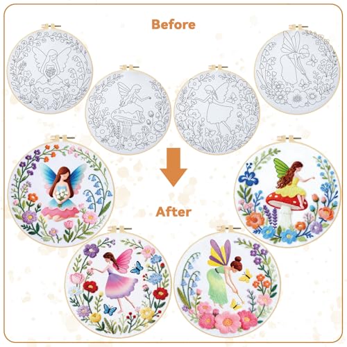BEUNITONE 4 Set Fairy Patterns Embroidery Kit for Beginners 7.9"x7.9" DIY Complete Needlepoint Kits for Adults, Cross Stitch Starter Kit with Hoops and Instructions, Handmade Gifts for Home Decor - style: A-Fairy