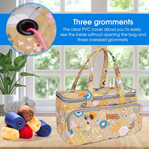 Yarn Storage Organizer with Grommets - Portable Crochet & Knitting Bag for Skeins, Hooks, Needles & Accessories (Flower-Yellow) - color: Flower-Yellow