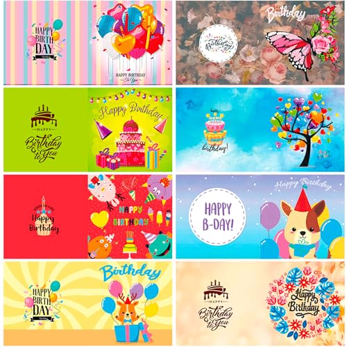 Diamond Art Painting Happy Birthday Cards, 8 Packs 5D Diamond Greeting Cards Kits for Adults DIY Diamond Art Birthday Cards with Envelopes Birthday Gifts for Families, Friends, Partners - color: Happy Birthday - 8 Packs