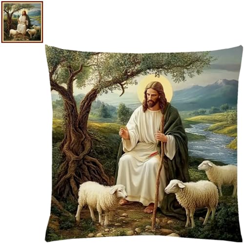 Lovxvouy Pillow Cross Stitch Kits for Adults Beginners-Preprinted Needlepoint Kit Stamped Crossstitching Kits 11CT Cross-Stitch Kit Stitches Kit Embroidery Kits-Jesus Shepherd 18x18 inchs - color: ColorCraft09