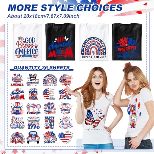 Tellingyou 36 Sheets 4th of July Iron on Transfers Patriotic Patches Ready to Press 250th Independence Day Vinyl Iron on Patch Red Blue White Embroidered Applique for T Shirt Jacket DIY Decorations - style: Patriotic