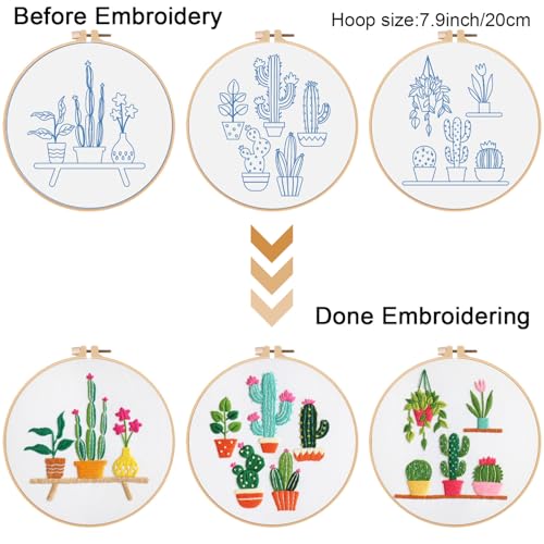 Louise Maelys 3 Pack Cactus Embroidery Kit for Beginners Plant DIY - color: Cactus