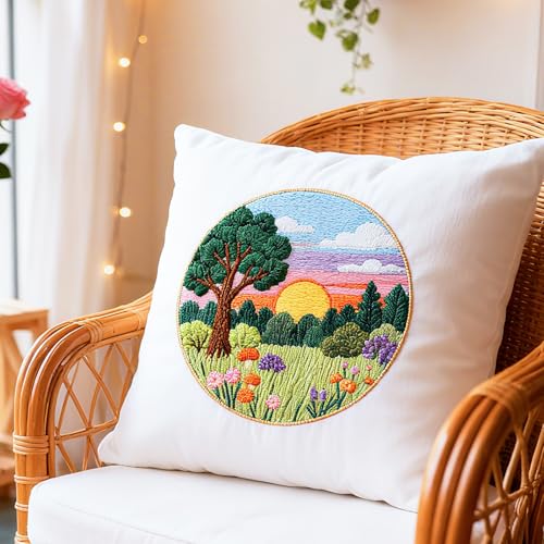 BEUNITONE 4 Set Forest Pattern Embroidery Kit for Adult Beginners Scenery Pre-Printed Designs Cross Stitch Kits, Needlepoint Kits for Adults, Handmade Embroidery for Home Decor 20x20cm - style: C-Forest Scenery