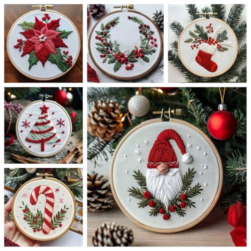 Christmas Embroidery Kit DIY Hand Embroidery Starter Cross Stitch Kits, Christmas Ornaments Embroidery with Stamped Pattern,Cotton,Threads,Needles,Instructions for Adults Beginners (Poinsettia) - color: Poinsettia