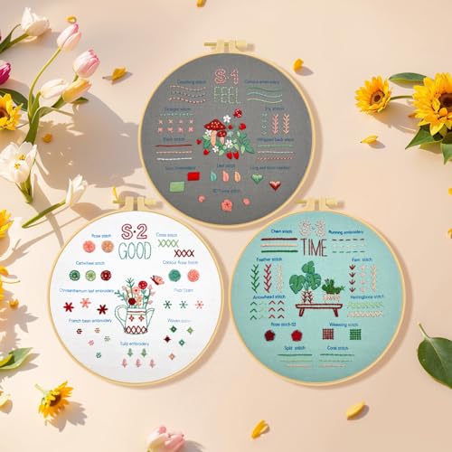 Ponpon 3 Sets Embroidery Kit for Beginners, Embroidery Kit for Adults with Follow Instruction, Cross Stitch Kits with Wooden Embroidery Hoops (Stlye C) - style: Stlye C