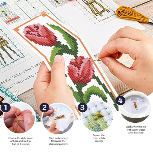FREEBLOSS 6 Set Cross Stitch Bookmark Kits 11CT 8"x2.4" 6 Flowers Design - style: Common Flowers