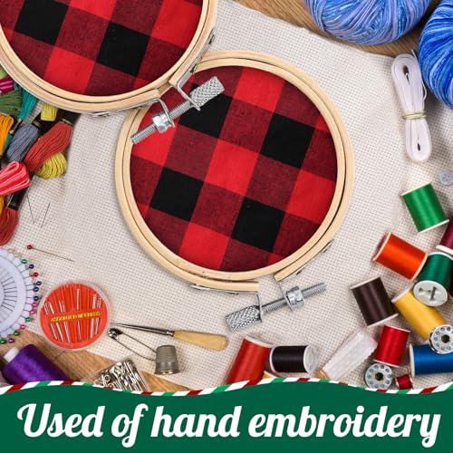 Hoteam 144 Pcs Christmas Embroidery Hoop Set Red Black Plaid Linen Fabric - color: Red and Black Plaid