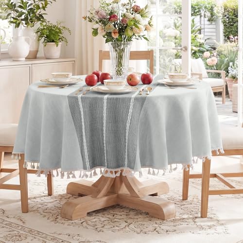 Softalker Outdoor Linen Round Tablecloth with Tassel, 55 x 55 Inch - color: Grey Lines, size: 55" (Round)