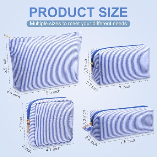 Sanwuta 4 Pcs Seersucker Pouch Striped Makeup Bag Set, Dark Blue - color: Dark Blue