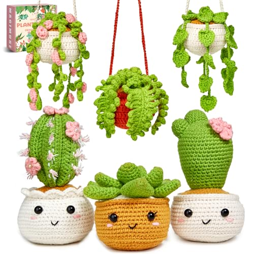 MAGIMUSE Crochet Kit for Beginners, Crochet Starter Kits, Amigurumi Craft Knitting Crocheting Kits with Step-by-Step Video Tutorials, 6 Pack Hanging Potted Plants Family(40%+ Yarn)