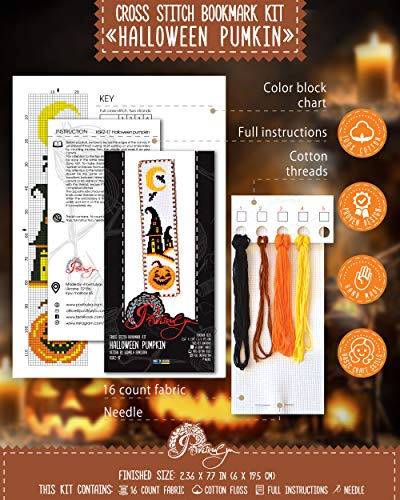 Povitrulya Halloween Pumpkin Jack-o'-Lantern Cross Stitch Kit - DIY Hand Embroidery Bookmark - color: Halloween Pumpkin