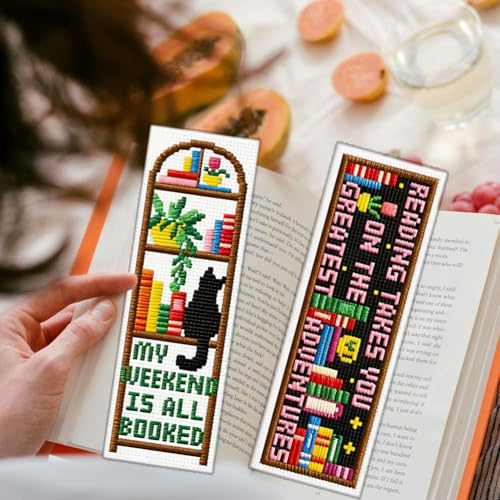 ACRNIGHEET 6PCS Cross Stitch Bookmark Kit for Beginner Stamped Cross Stitch Kits for Adults Bookshelves DIY Tassel Embroidery Bookmark Kits Needlepoint Kit with Instructions Craft Gift 8.5''x3'' 11CT - style: Words and bookshelf patterns 2