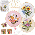 Ohcol 3 Sets Embroidery Kit for Beginners Cross Stitch Kits Needlepoint Kits Crafts for Adults with 3 Embroidery Hoops Easy-to-Follow Operating Instructions,Needle Point Kits with Flowers Patterns - color: Flowers (3 Patterns, 3 Hoops + Extas)