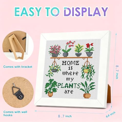 Plant Flower Stamped Cross Stitch Kits for Adult Beginner with Wooden Frame - color: Plant Home Cross Stitch with Fram