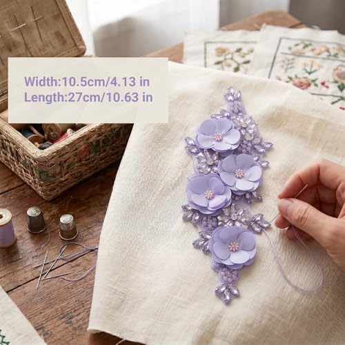 3D Flower Embroidery Beaded Applique Rhinestone Lace Patch Purple - color: Purple