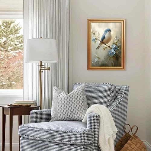 Wojuin Framed Vintage Blue Bird Floral on Branch Canvas Wall Art 12x16 inch - color: Bird, size: 16"L x 12"W