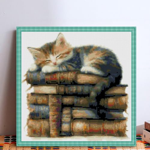 KYOQFVN Cat Counted Stamped Cross Stitch Kits for Adults, 11 CT Stamping Cross Stitch Kit, Animal Needlepoint Cross-Stitch Patterns Dimensions for Home Decor 14×14 Inch - color: SZXMAO-US