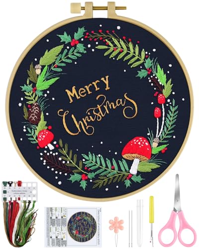 ERKOON Christmas Embroidery Kit for Beginners, Cross Stitch Set for Include Embroidery Cloth Hoops Threads for Craft Lover Hand Stitch with Embroidery Skill Techniques (Christmas Wreaths) - color: Christmas Wreaths