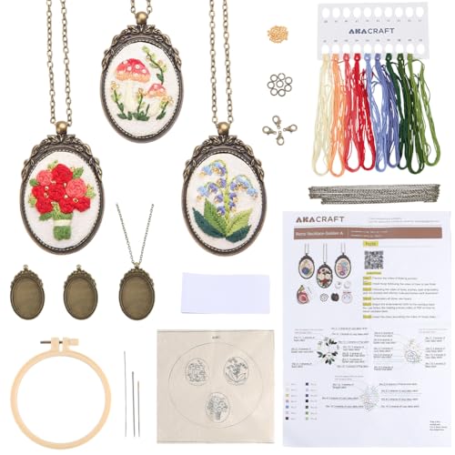 SUNNYCLUE DIY 3 Sets Embroidery Necklace Kits Mini Cross Stitch Kit with Hoop Paper Instructions Embroidery Flower Pattern Pendant Necklaces for Jewelry Making Supplies Adult Beginners Starter Crafts - style: Flower 1