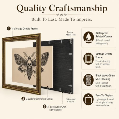 Vintage Gold Frame Skull Moth Wall Art, Gothic Canvas Painting Print for Dark Academia Decor, Moody Insect Picture for Living Room Bedroom Aesthetic, Nature Oddity Witchy Home Office Artwork 12x16 In - color: moth, size: 16"L x 12"W