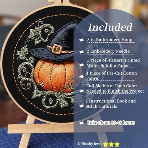 FONNUY Pumpkin Embroidery Kit for Beginners, Pre-Stamped Pattern Kits for Adults with Hoop, Easy to Follow Color Thread Needlework, 8'' Hoop (Witch Hat 4) - color: Witch Hat 4