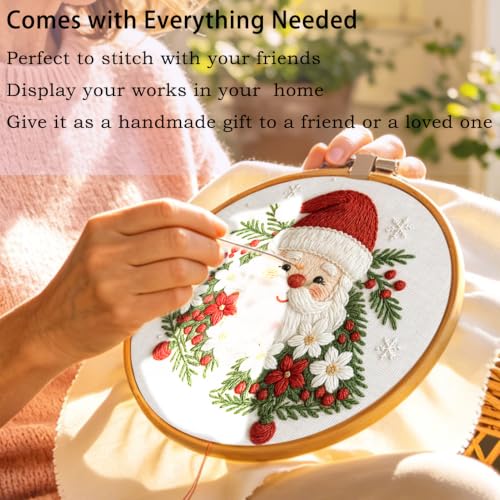 FONNUY Cute Christmas Embroidery Kit for Beginners, Festive Winter Pre-Printed Pattern & Supplies Set for Adults, DIY Handmade Needlepoint Kits Wall Art, 8'' Hoop (Santa Claus) - color: Santa Claus