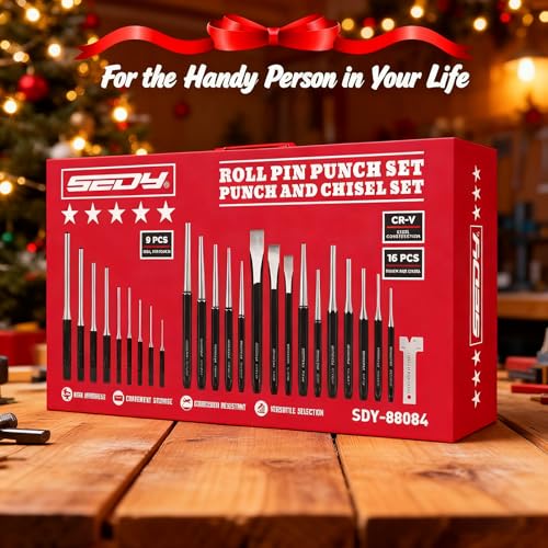 25-Piece Punch and Chisel Set with Roll Pin Punches, Includes Taper, Pin, Center Punches & Cold Chisels for Metalworking, Automotive, and Craft Use - color: 25-piece Set With Roll Pin Punches