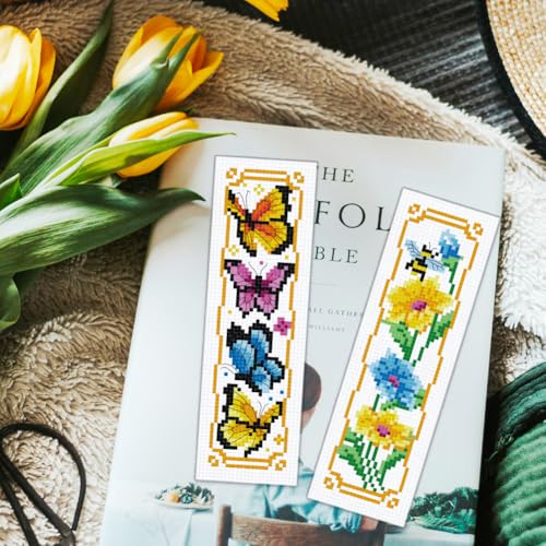 ORIGACH 6 Set Garden Floral Insect Cross Stitch Bookmark Kit for Beginner - style: Flowers and Butterflies