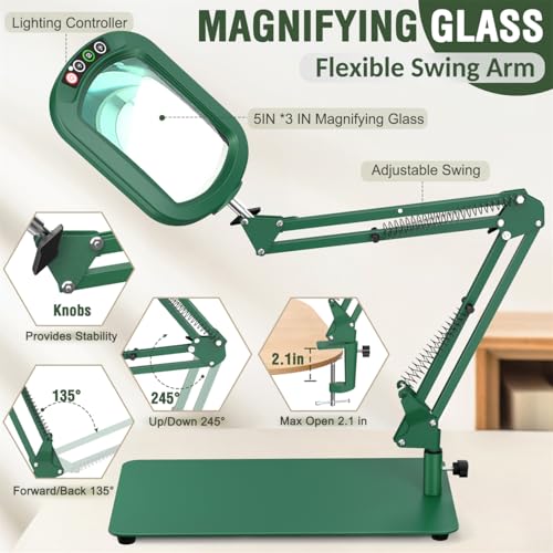 Veemagni 12X Rectangle Magnifying Glass with Light and Stand, 5 Color Modes Stepless Dimmable, 2-in-1 LED Lighted Desk Lamp & Clamp, Hands Free Magnifier for Reading Crafts Painting Close Work - Green - color: Green