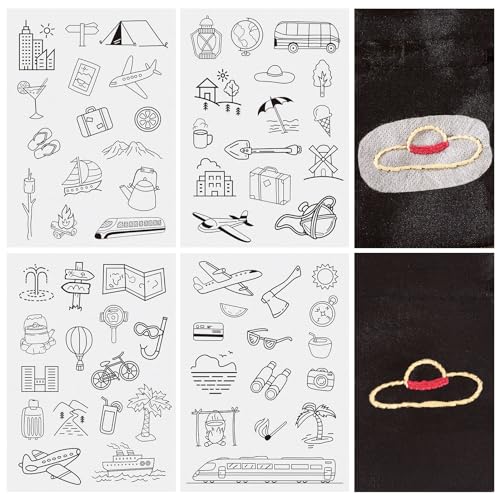 Magibeads 60 Patterns Travel Theme Water Soluble Embroidery Patterns Airplane Landscaping Suitcase Stick and Stitch Transfer Embroidery Paper for Adult Beginners Hand Sewing Starter Kit - color: Travel