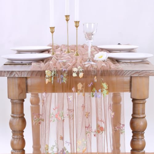 Floral Gauze Table Runner 10ft Embroidery Tulle Spring Wildflower Table - color: Brown, size: 27"x120",1pc