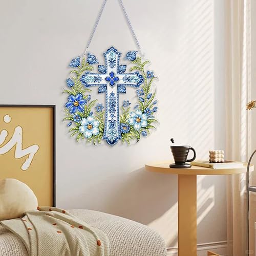 ARPADAMO Hanging Diamonds Art kit for Adult,DIY Cross Flowers Pendant Diamonds Painting Art Kit, 7.0x6.8 inch Acrylic Diamonds Painting Board Kit Ornament, Special Crystal Diamond Hanging Ornament - color: DP01402