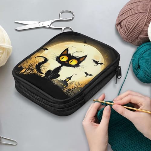 Kathyboom Crochet Hook Case Without Hooks,Halloween Black Cat Bat Castle Zipper Storage Organizer Bag with Web Pockets for Crochet Hook Kit Tools - color: Halloween Black Cat Bat Castle-