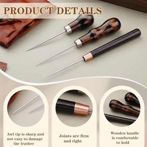 ZXIIXZ 3 Pack Leather Scratch Awls Tool, Wooden Handle Sewing Awl - color: 3 Pcs Wooden Brown