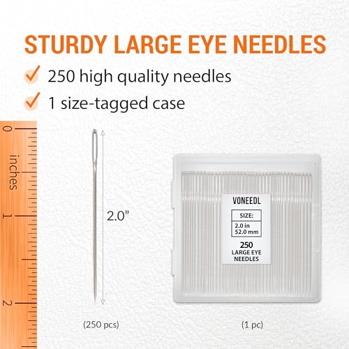 VONEEDL 250 Large Eye Sharp Needles - Easy to Thread Needles in Convenient Storage Box - Bulk Set of 2 inch Big Eye Embroidery Needles, Perfect for Hand Sewing, Crafting, Darning, Quilting - size: 250 Needles
